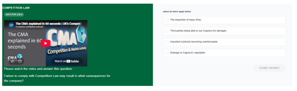 A Cognexo All Which Apply question on Competition Law. A YouTube video titled The CMA explained in 60 seconds is embedded above the question text, with four answer options on the right.